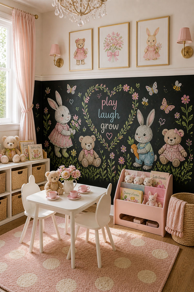 Chalkboard play corner nursery with dedicated drawing area and open floor space