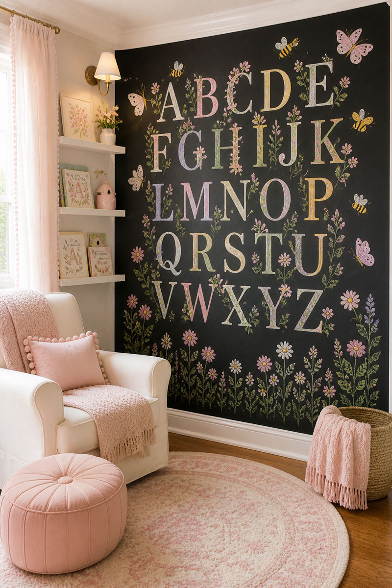 Chalkboard reading nook nursery with small chalkboard section next to seating area