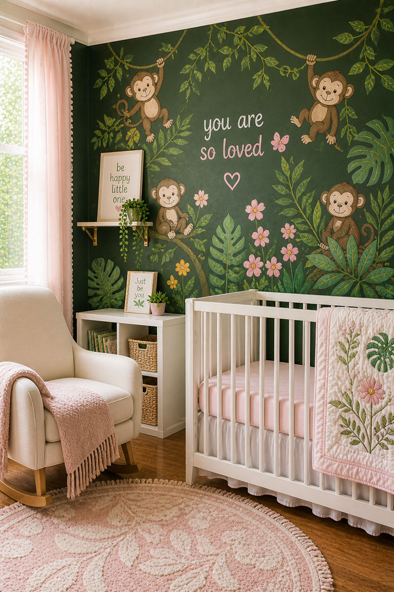 Modern chalkboard wall color in nursery using deep green instead of black