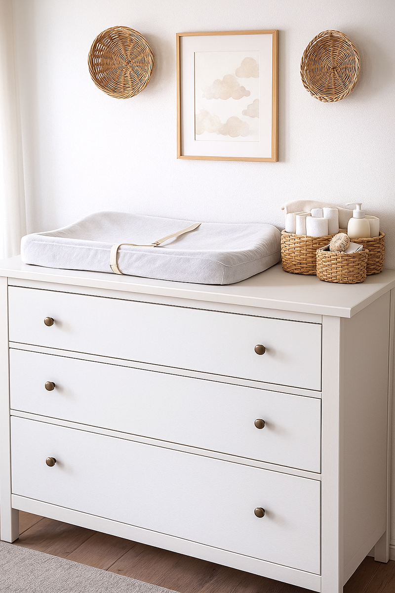 Small nursery dresser with a changing pad and baskets for baby supplies