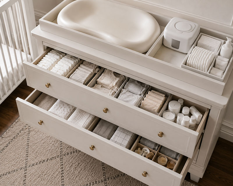 Organized nursery dresser drawers with diapers and changing supplies