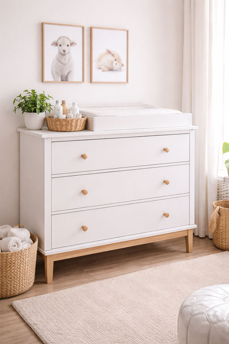 Dresser used as a changing station in a baby nursery