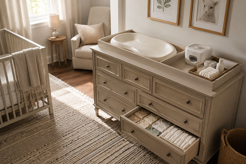 Dresser changing station placement beside crib in organized nursery