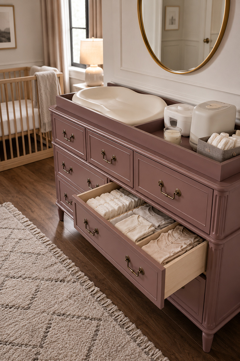 Changing table placement in a nursery with crib, dresser, and clear walking space