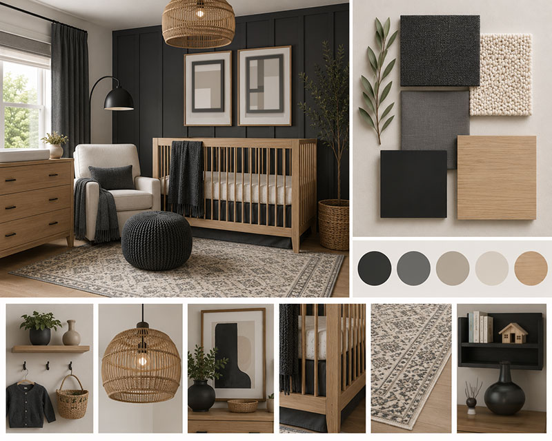 Charcoal and oak modern nursery palette with dark paint sample, oak wood, cream linen, and matte black hardware