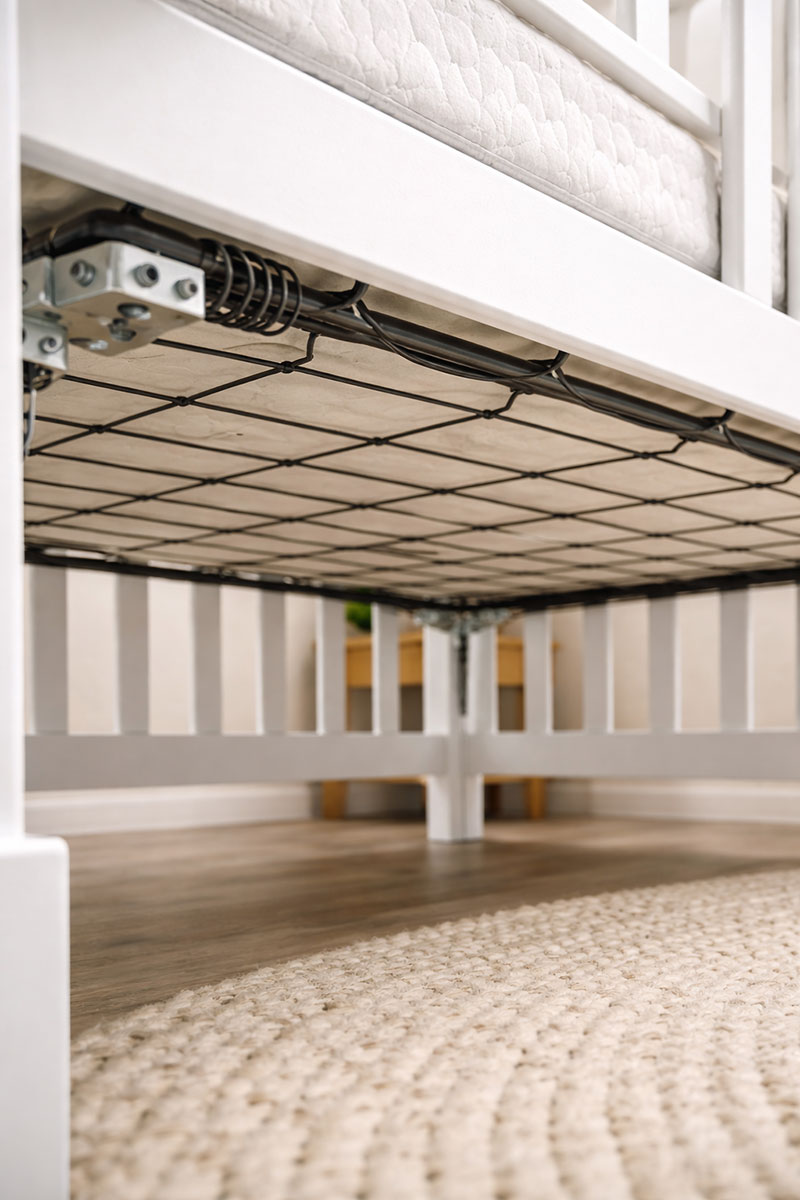 Crib mattress support hardware visible on an affordable baby crib
