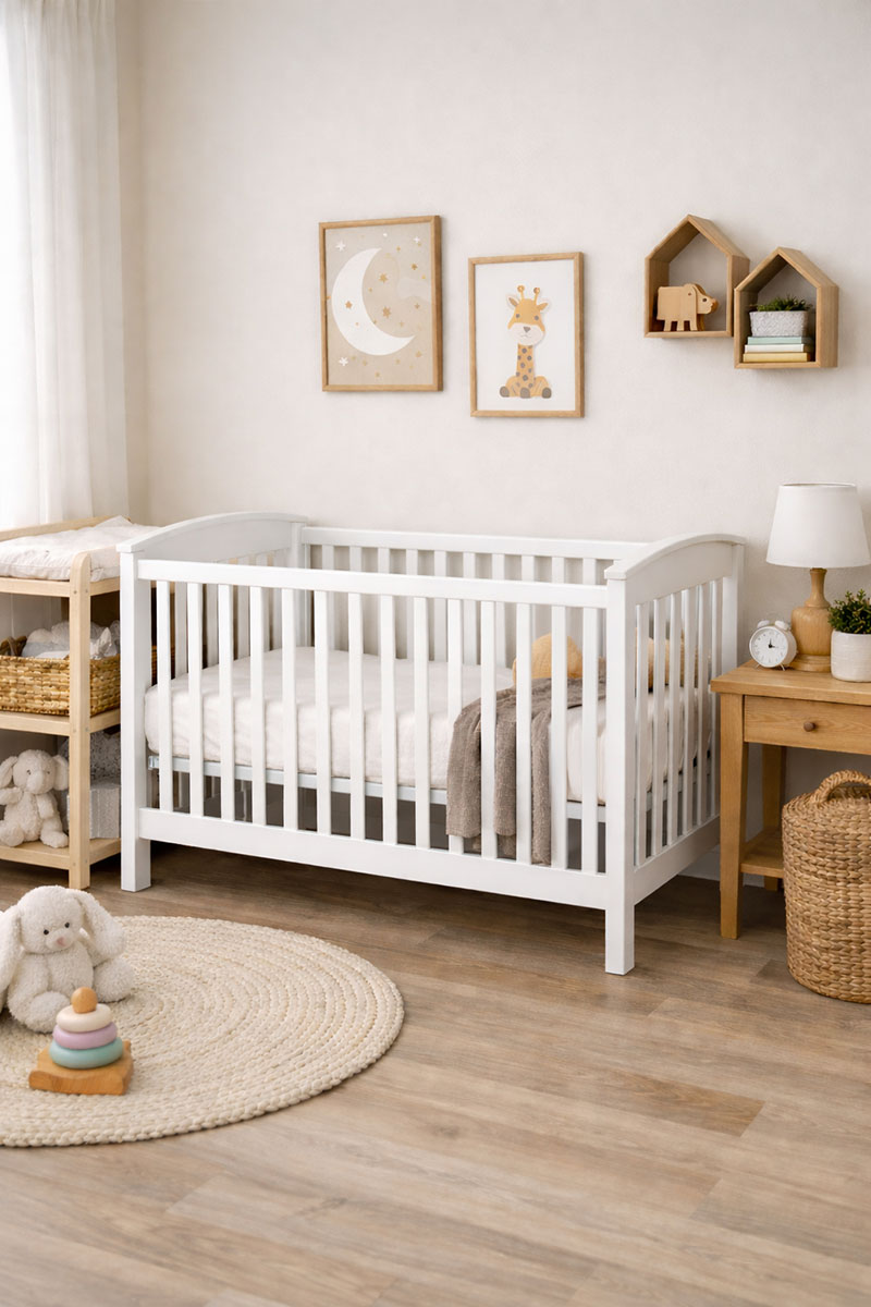 Affordable baby crib placed in a small nursery setting