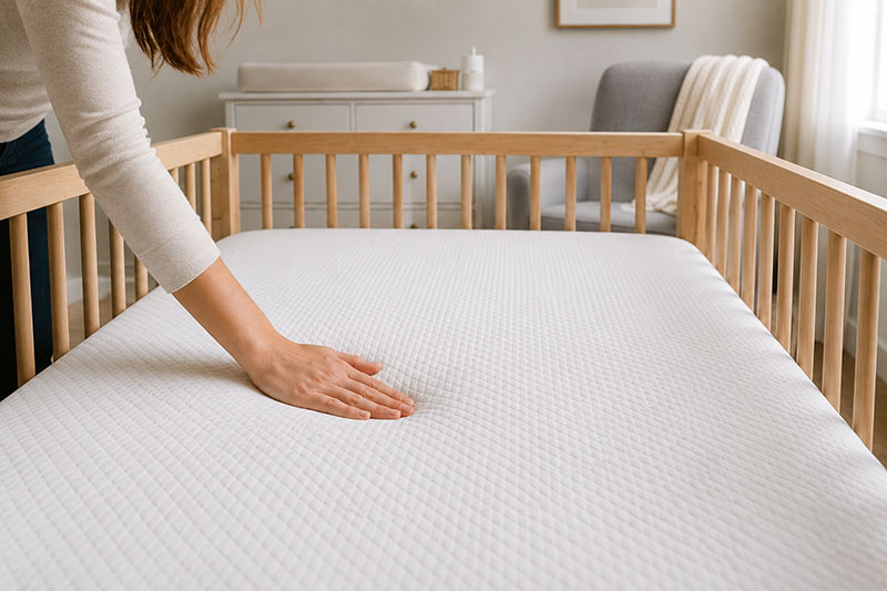 Parent checking firmness and support on a crib mattress in a nursery
