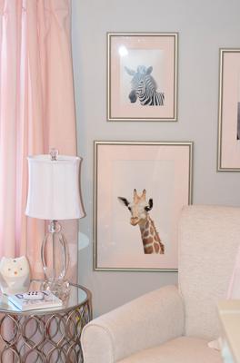 Custom zoo animal baby nursery wall art for a pink and grey baby girl room