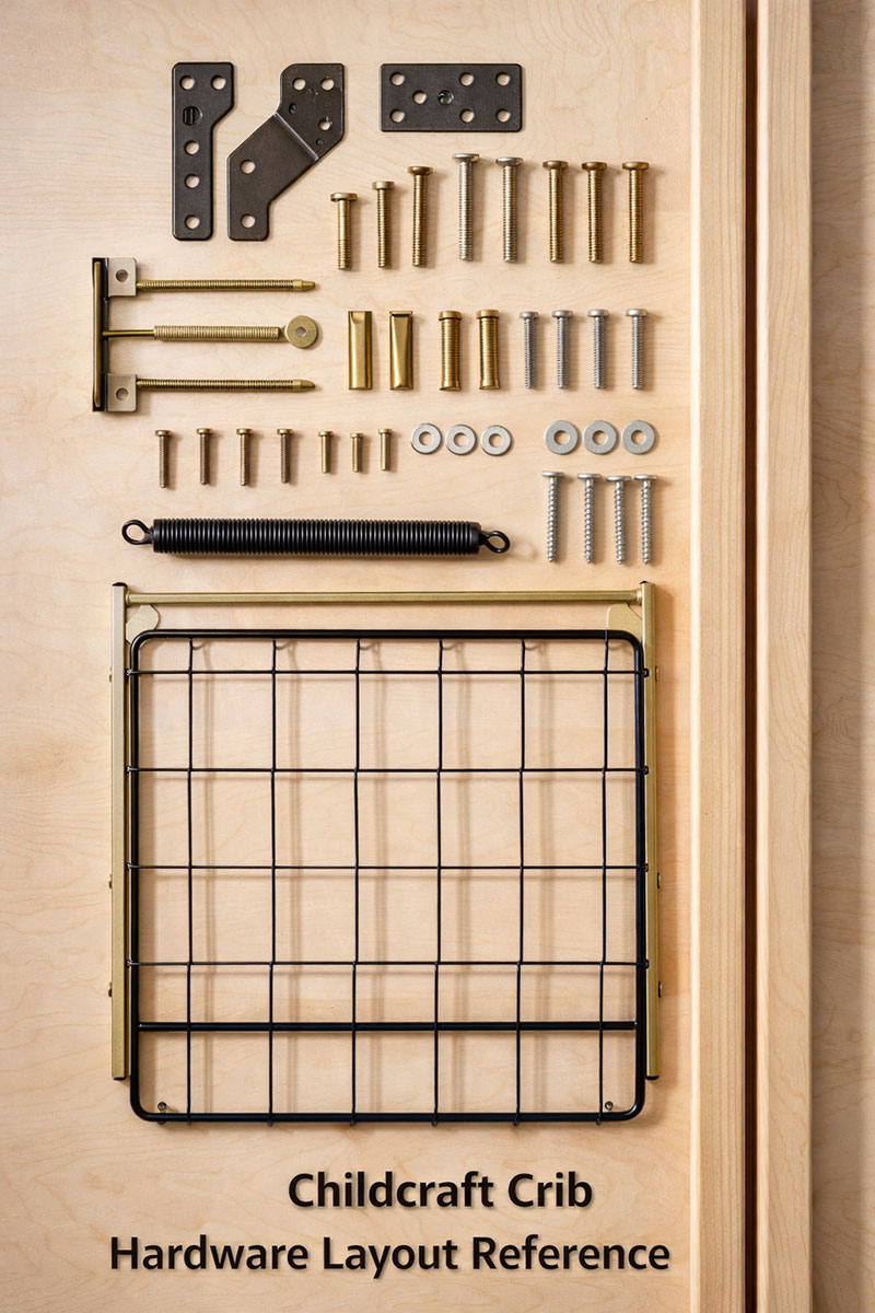 Childcraft crib hardware layout showing bolts, brackets, and mattress support components for identification reference