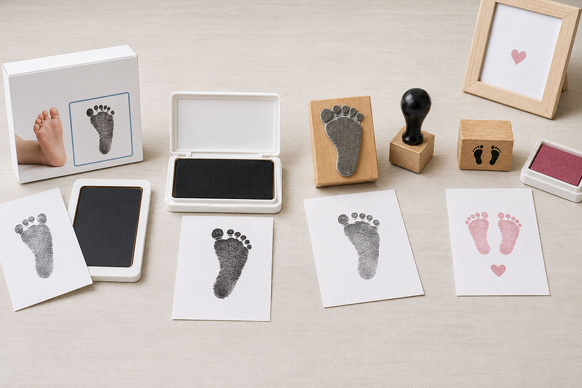 Inkless footprint kit, direct baby footprint ink pad, custom footprint stamp and decorative stamp arranged as four different printing choices