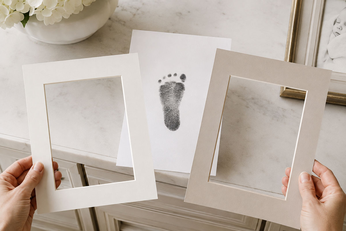 Baby footprint print on white paper being compared with two simple frame mats before the paper is trimmed