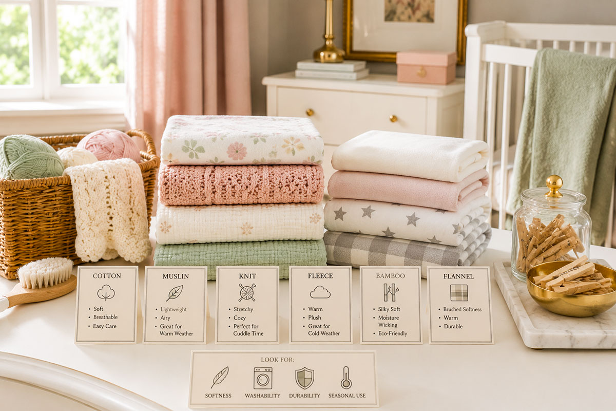 Cotton muslin, flannel, knitted and crocheted baby blankets compared by texture and weight