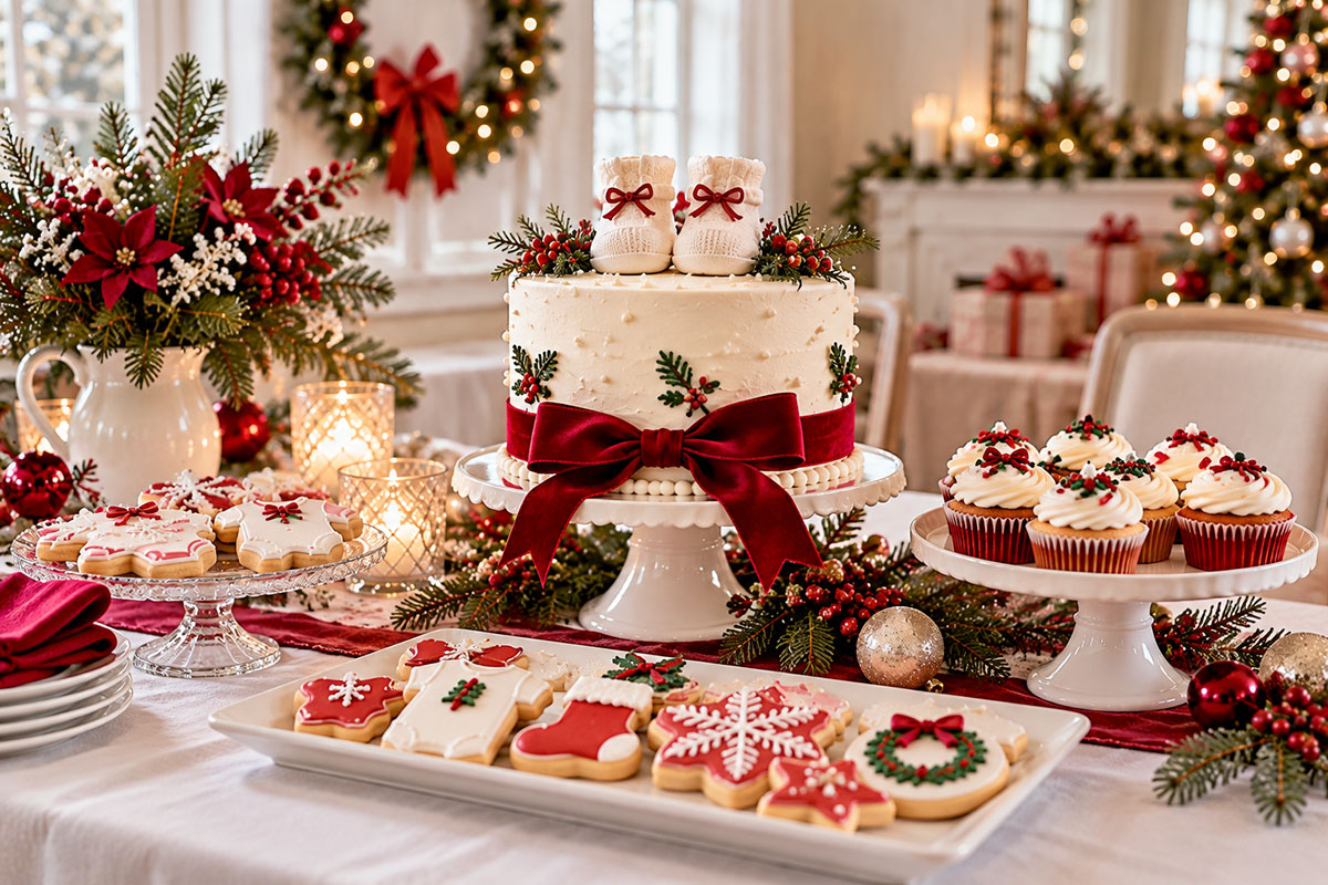 Christmas baby shower dessert table with a white cake topped with knitted baby booties, cranberry velvet ribbon, holiday cupcakes and decorated stocking, star and baby outfit cookies