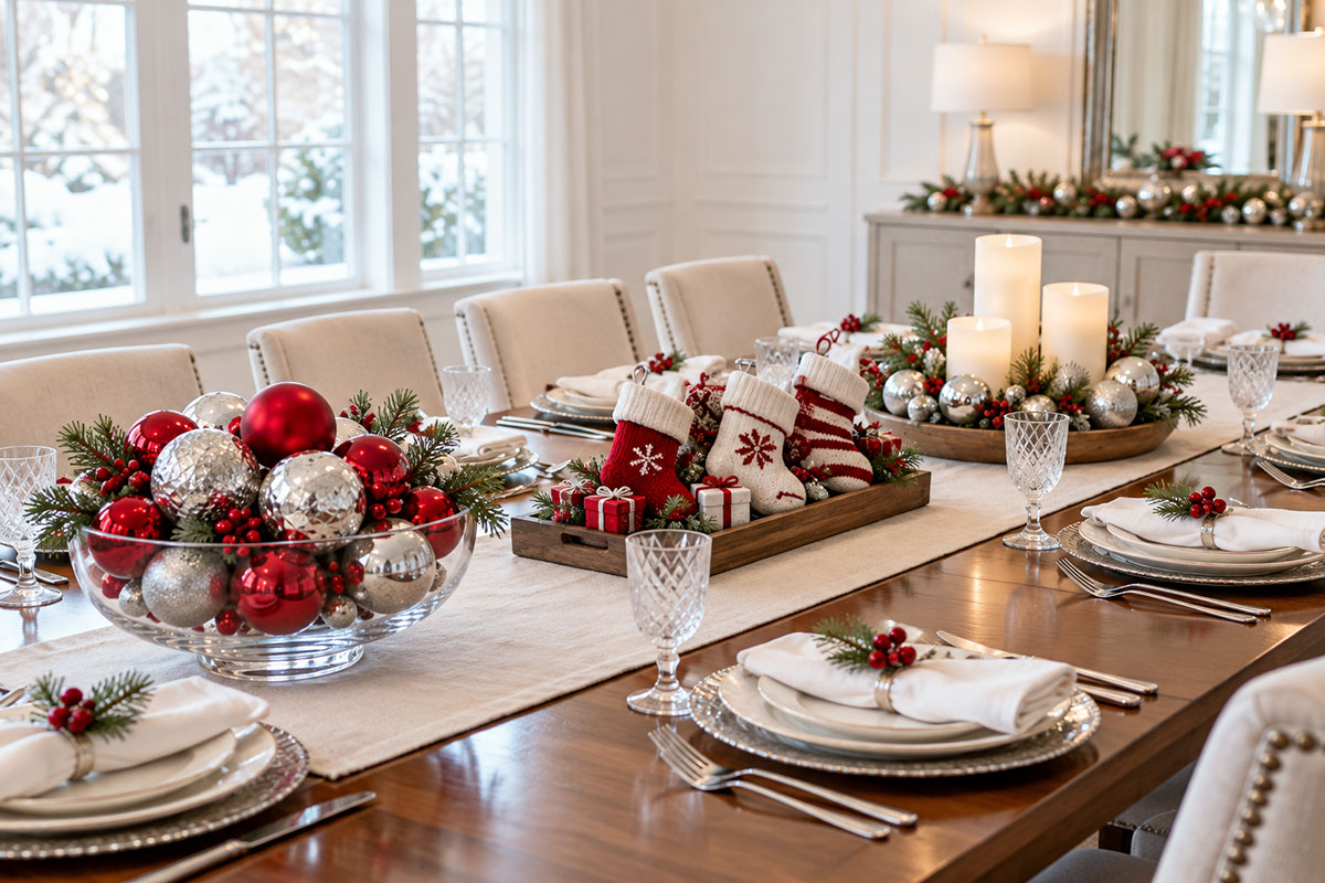 Three elegant Christmas baby shower centerpiece arrangements featuring red ornaments in a glass bowl, miniature baby stockings on a wooden tray and flameless candles with silver ornaments
