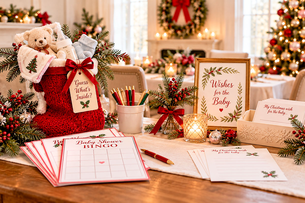 Christmas baby shower games table with printable baby shower bingo cards, a red knitted stocking filled with baby items, colored pencils and Christmas wish cards for guests