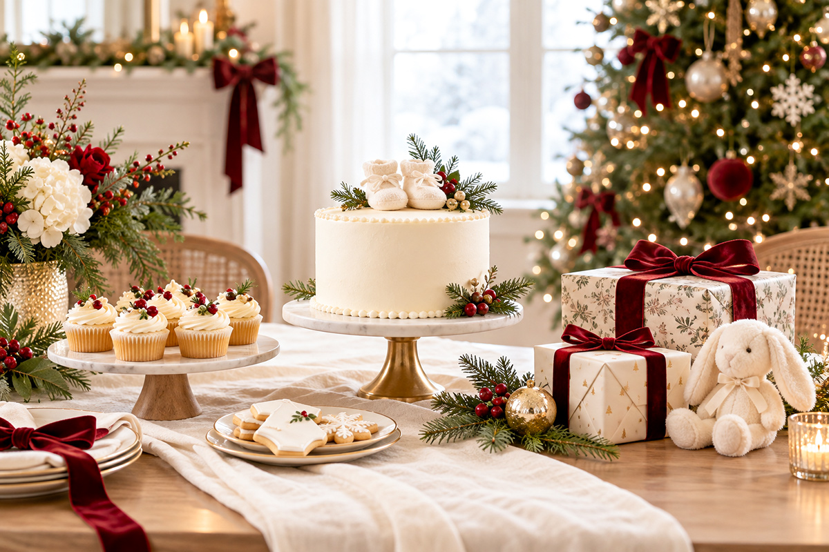 Elegant Christmas baby shower table with a white cake topped with baby booties, festive cupcakes, decorated cookies, cranberry red, burgundy ribbon-wrapped gifts and a Christmas tree.