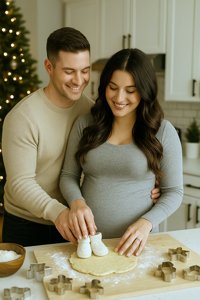 Expecting couple baking holiday cookies together during a cozy indoor maternity session.