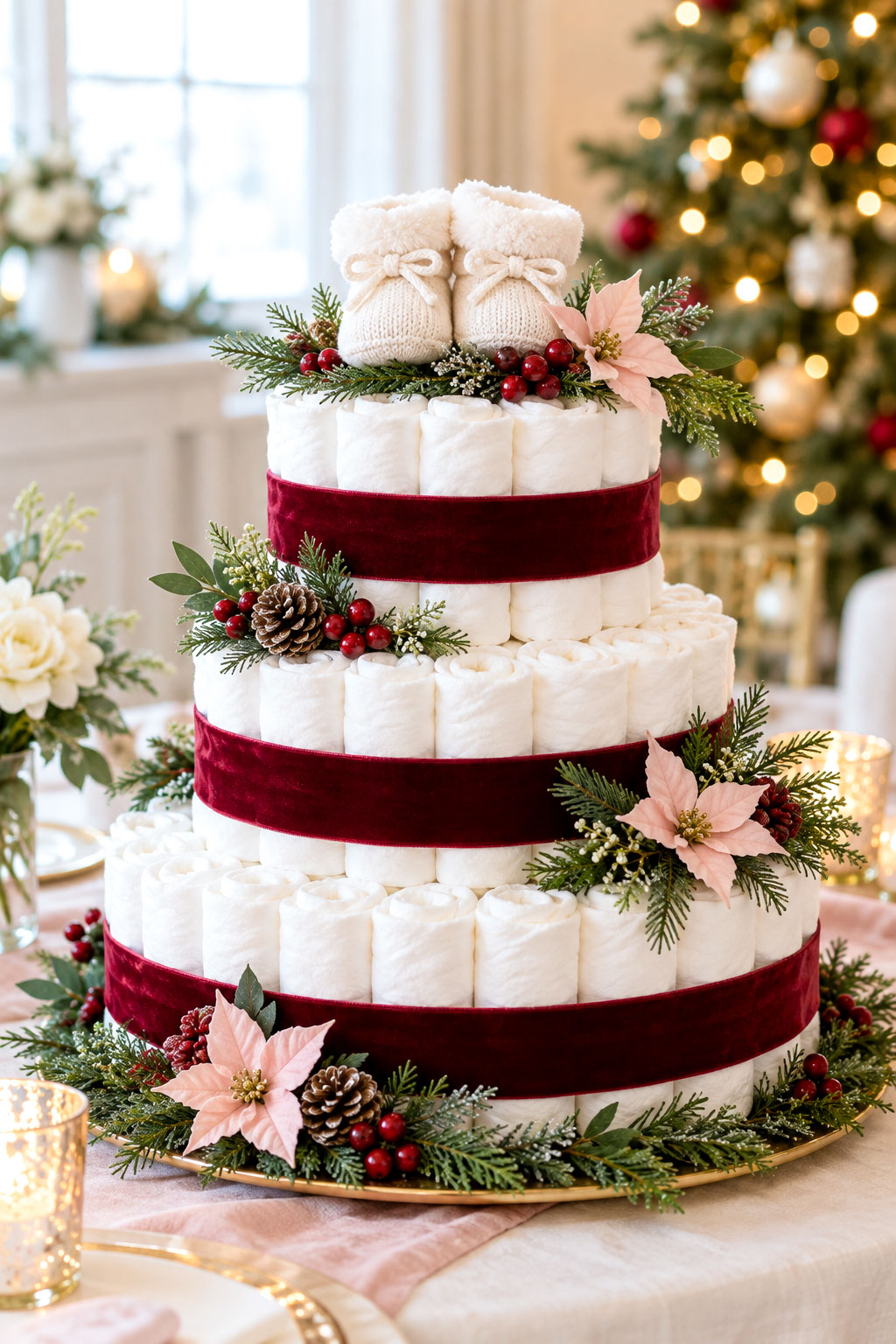 Three-tier Christmas diaper cake centerpiece with white diapers, cranberry velvet ribbon, tiny baby booties and festive evergreen decorations