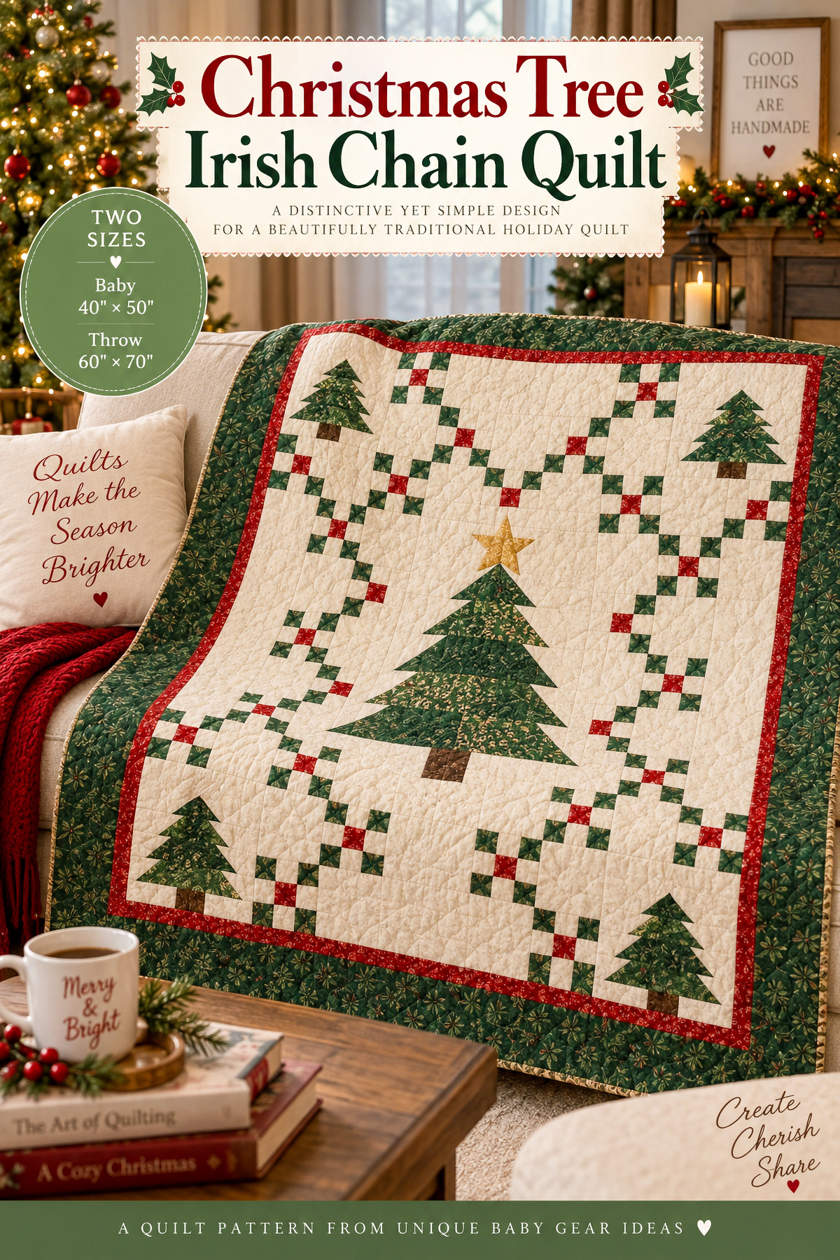 Christmas tree Irish chain quilt with one large center tree and smaller pieced trees in green red and ivory