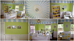 Blue green yellow and white baby boy circus nursery room theme