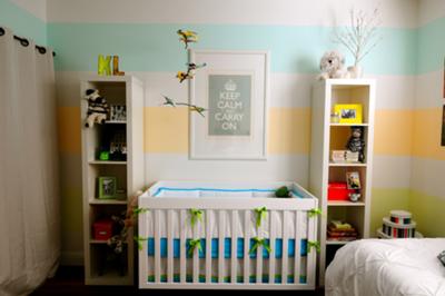 Aqua Blue, Yellow and White Striped Baby Nursery Wall Painting Technique