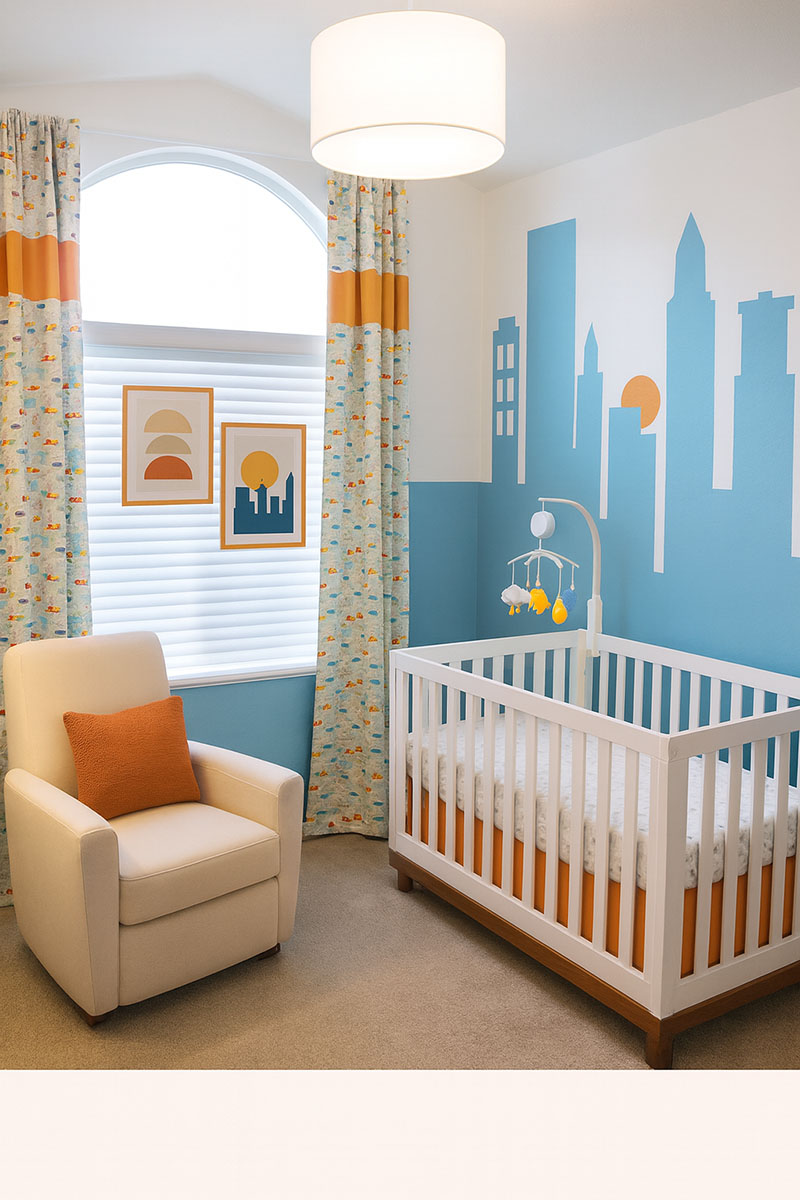 Urban nursery with modern skyline wall decor and updated furnishings