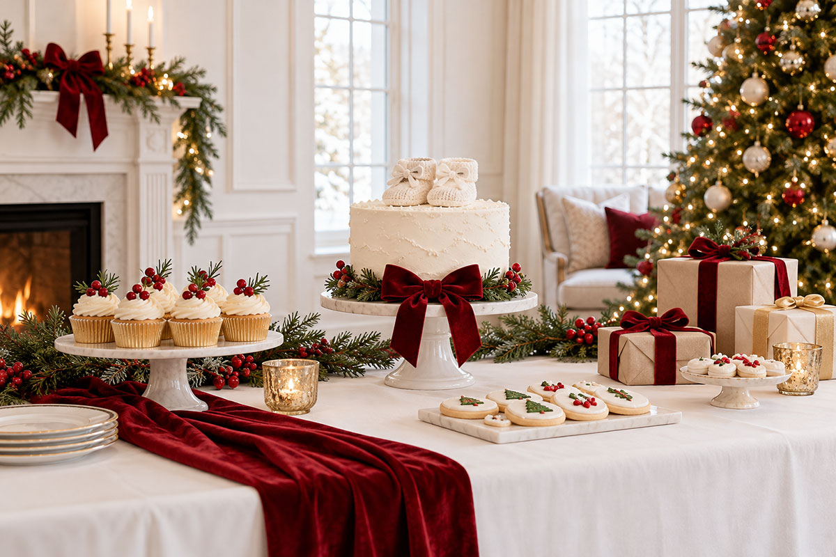 Classic Christmas baby shower setting with cranberry velvet bows, white cake topped with baby booties, evergreen accents and a festive gift table