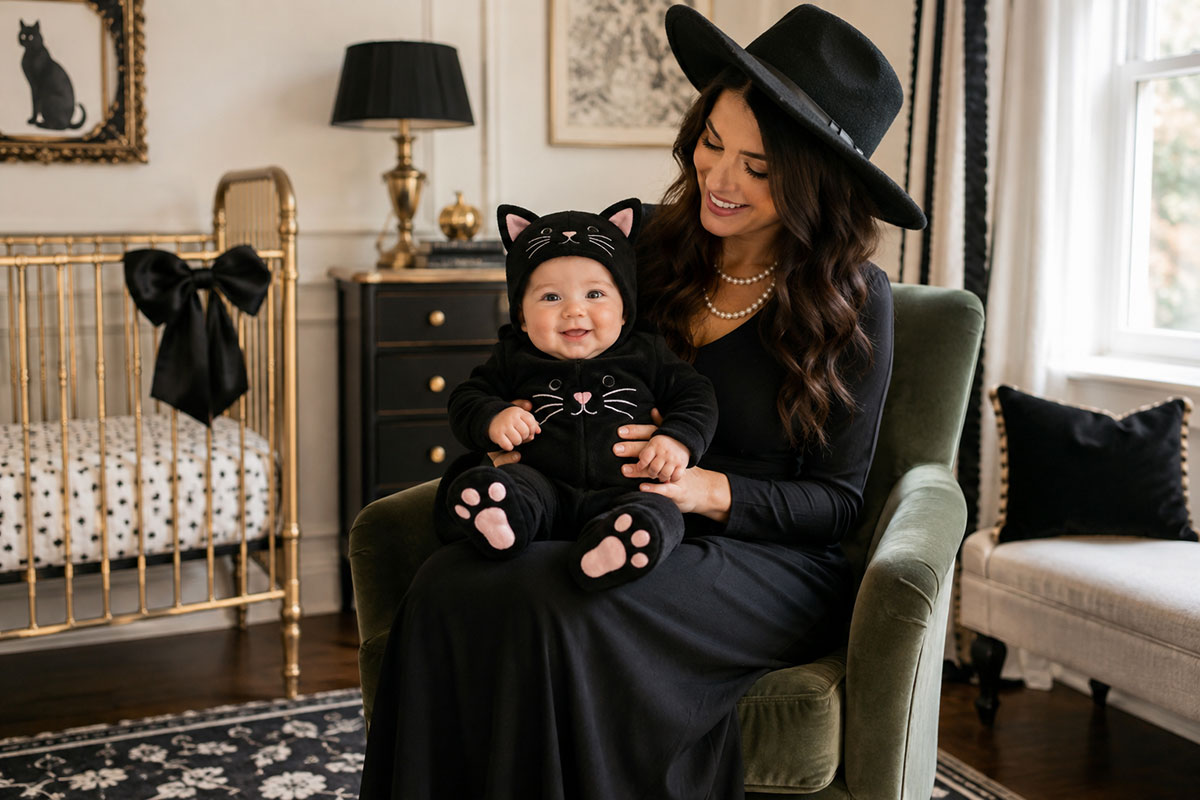 Mother and seated baby wearing a classic witch and black cat Halloween costume pairing with the baby in a simple black outfit and mom in a pointed witch hat