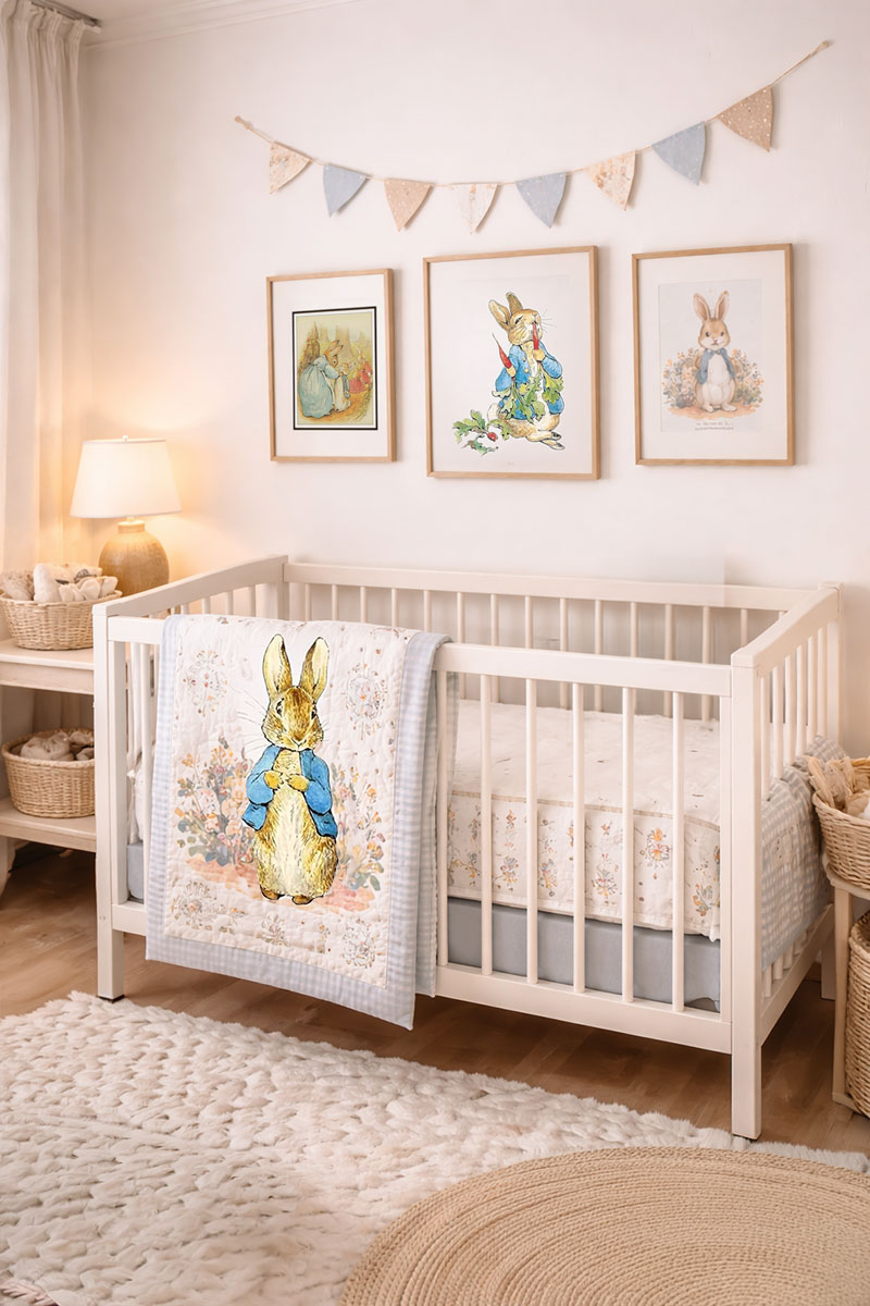 Classic Peter Rabbit inspired bunny crib bedding in coordinated nursery décor