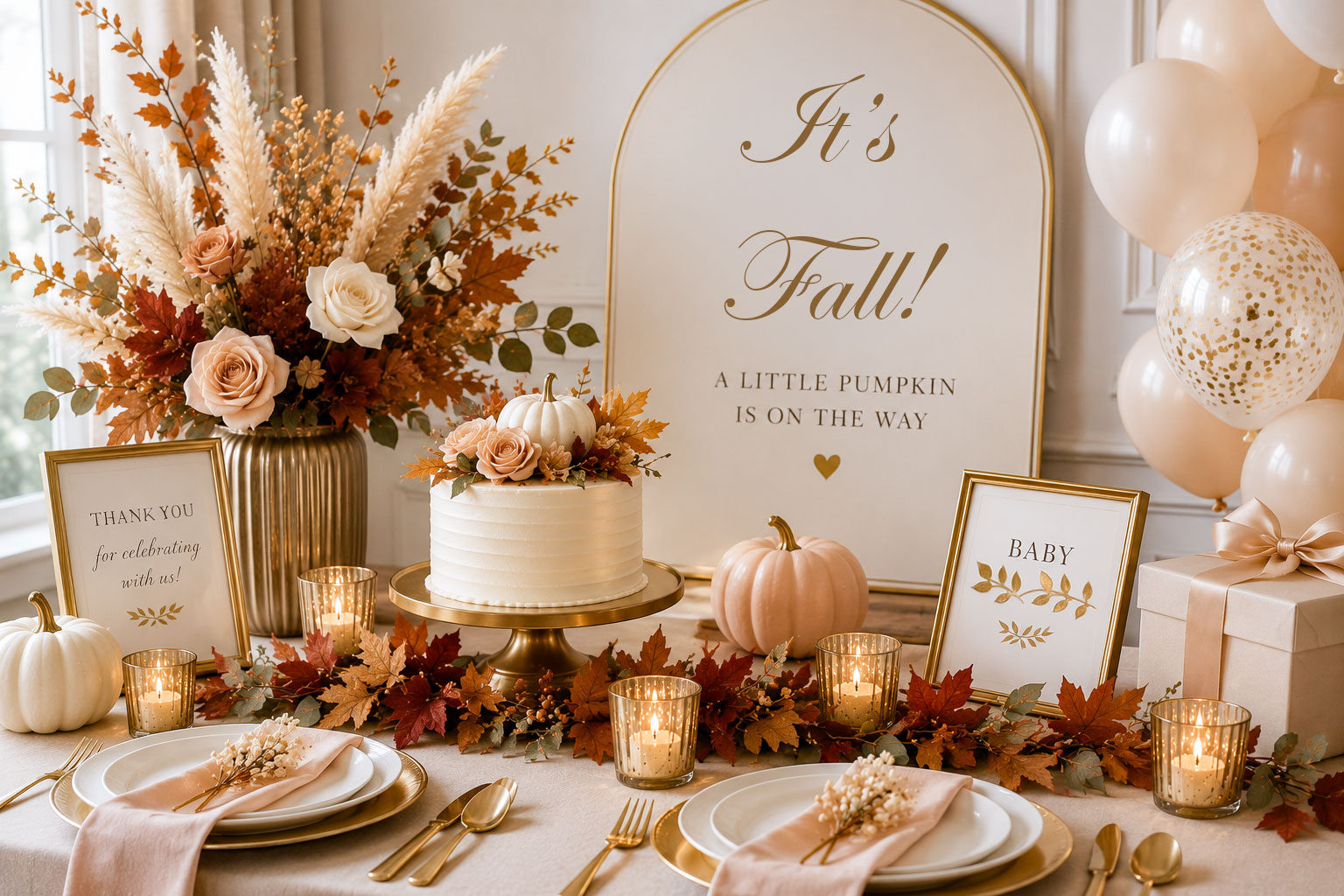 Classy fall baby shower with rust, plum, muted green and crisp white table decorations