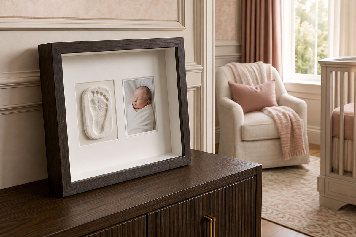Elegant shadow box displaying a pale clay baby footprint impression beside a small newborn photo with space between the keepsake and glass