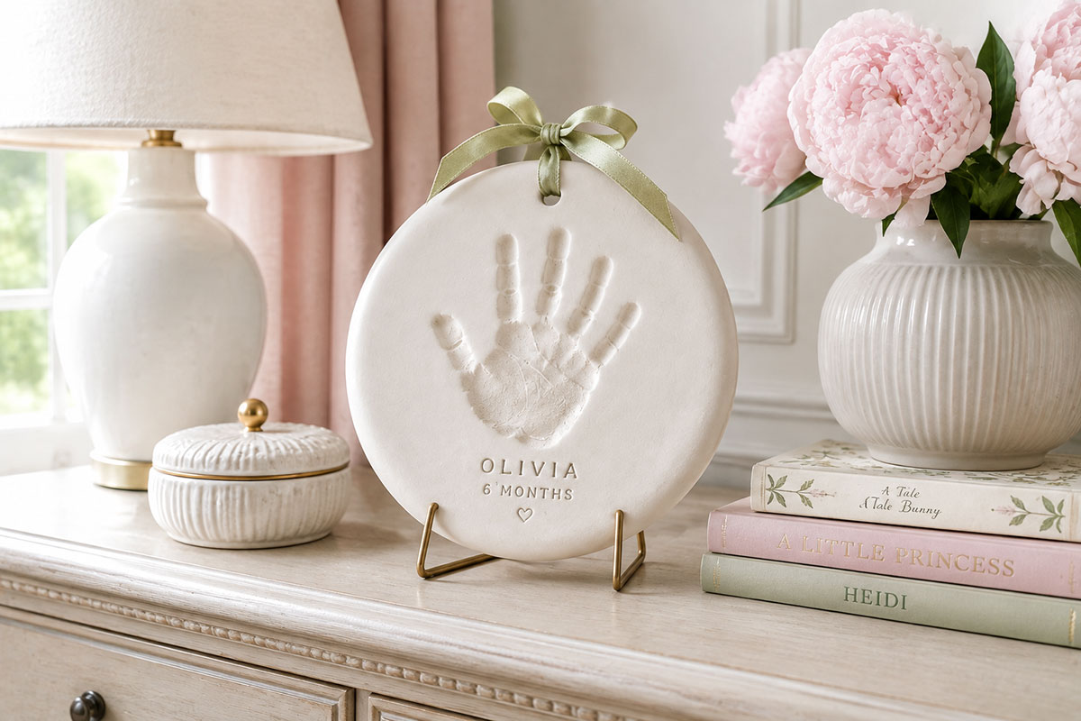 Finished clay baby handprint plaque with a name and date displayed on a nursery shelf