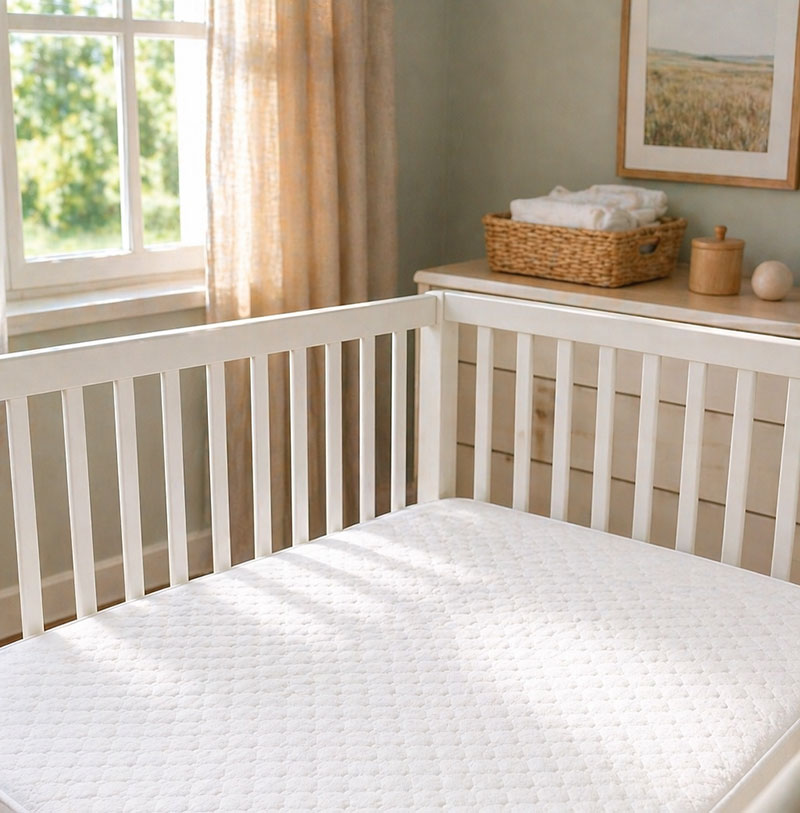 clean crib mattress ready for fitted sheet in nursery