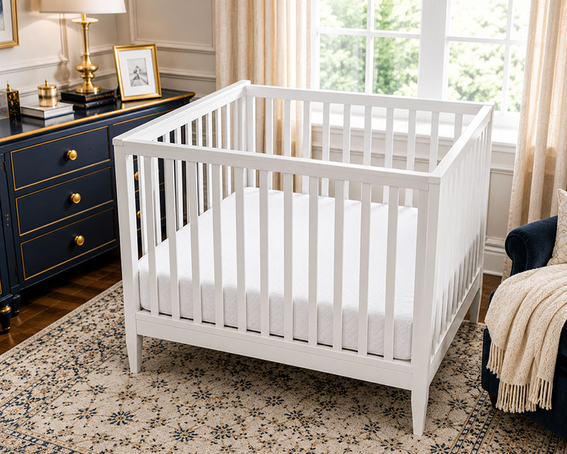 Clean waterproof crib mattress ready for a fitted sheet in a modern nursery