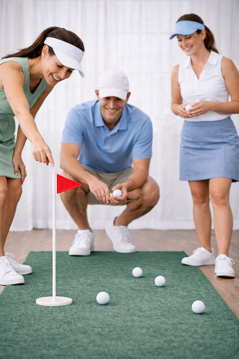 Golf baby shower game measuring distance to a marked pin on the floor