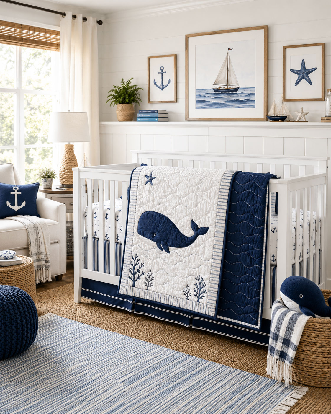 Modern coastal nursery with nautical crib bedding and ocean blue decor