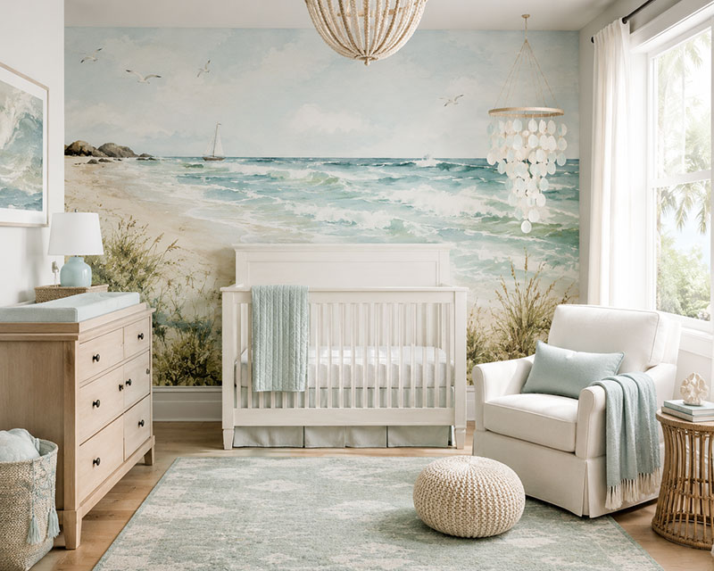 coastal nursery wallpaper mural with ocean inspired baby room design