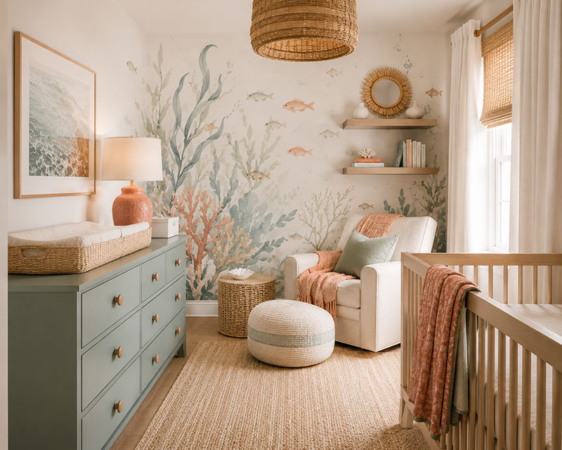 coastal nursery wallpaper colors with ocean blue and natural wood baby room decor