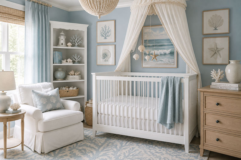 Coastal ocean nursery colors with pale blue walls and layered neutral textures