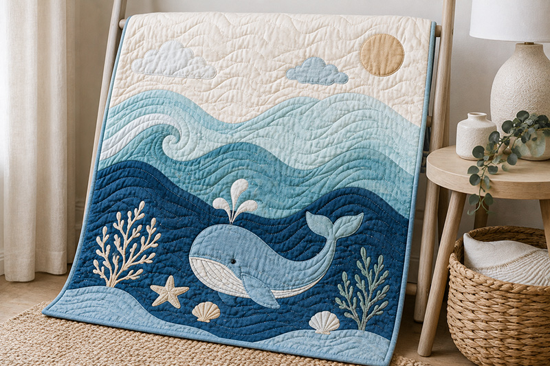 Coastal baby quilt with curved blue wave rows and sand colored border