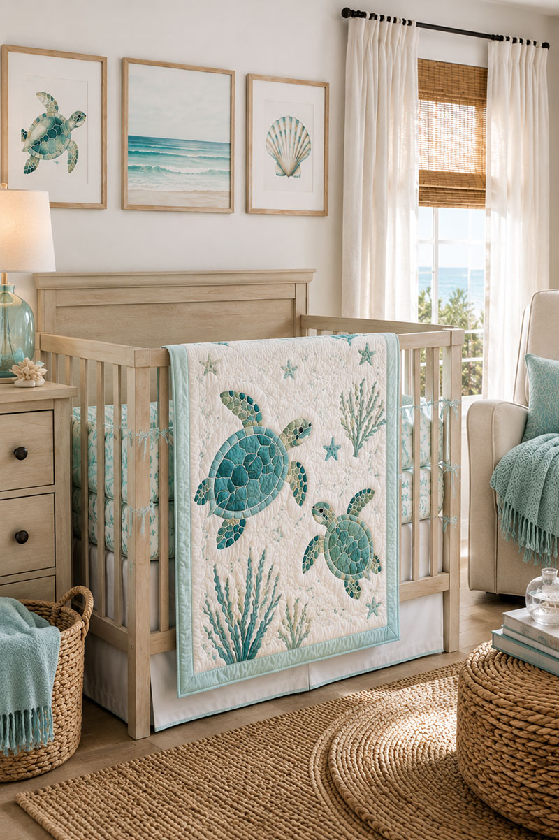 Coastal nursery with sea turtle baby bedding, aqua crib quilt, and ocean-inspired nursery decor