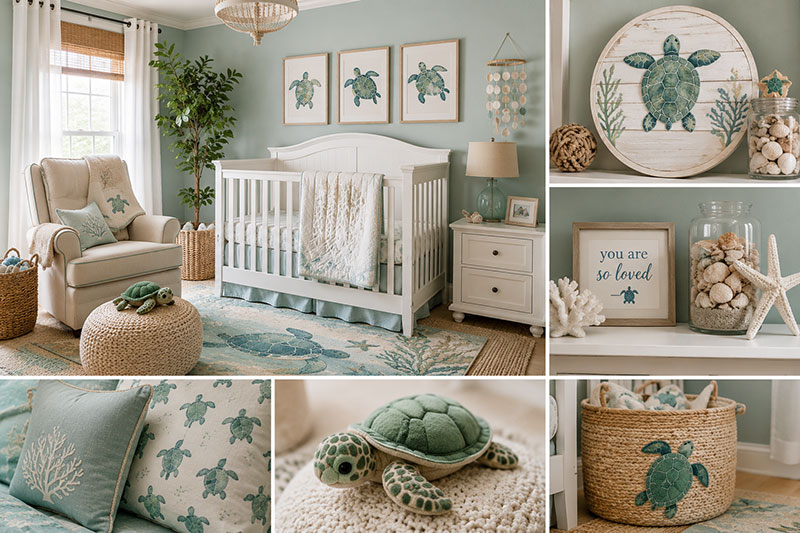 Coastal sea turtle nursery details with layered ocean decor