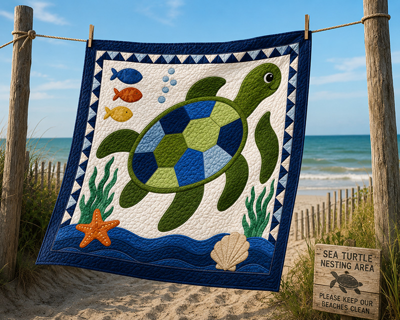 Finished sea turtle nursery quilt displayed on a coastal ocean side clothesline