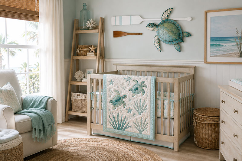 High-end turtle nursery decor with coastal wall art, sea glass, sea turtle bedding, and woven textures