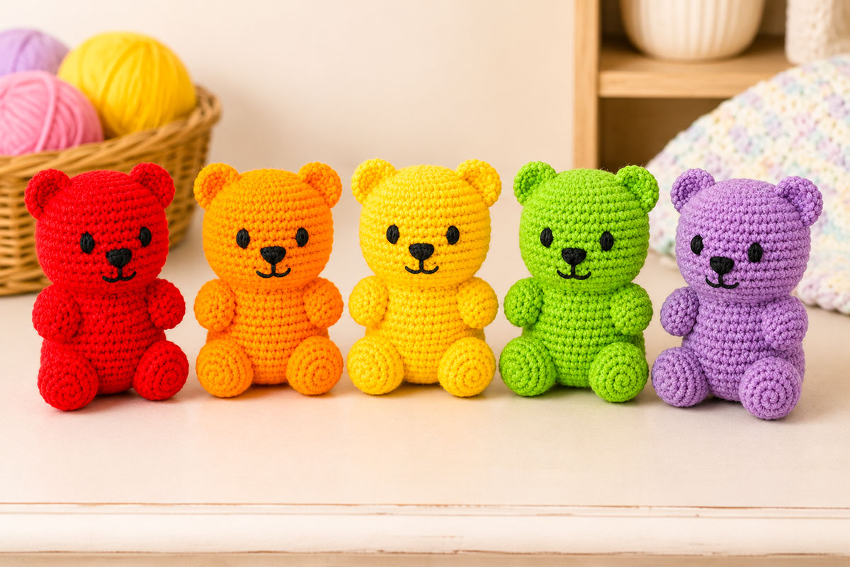 Five finished crochet gummy bears in red orange yellow green and purple displayed together with matching rounded heads tiny ears short arms and stubby feet