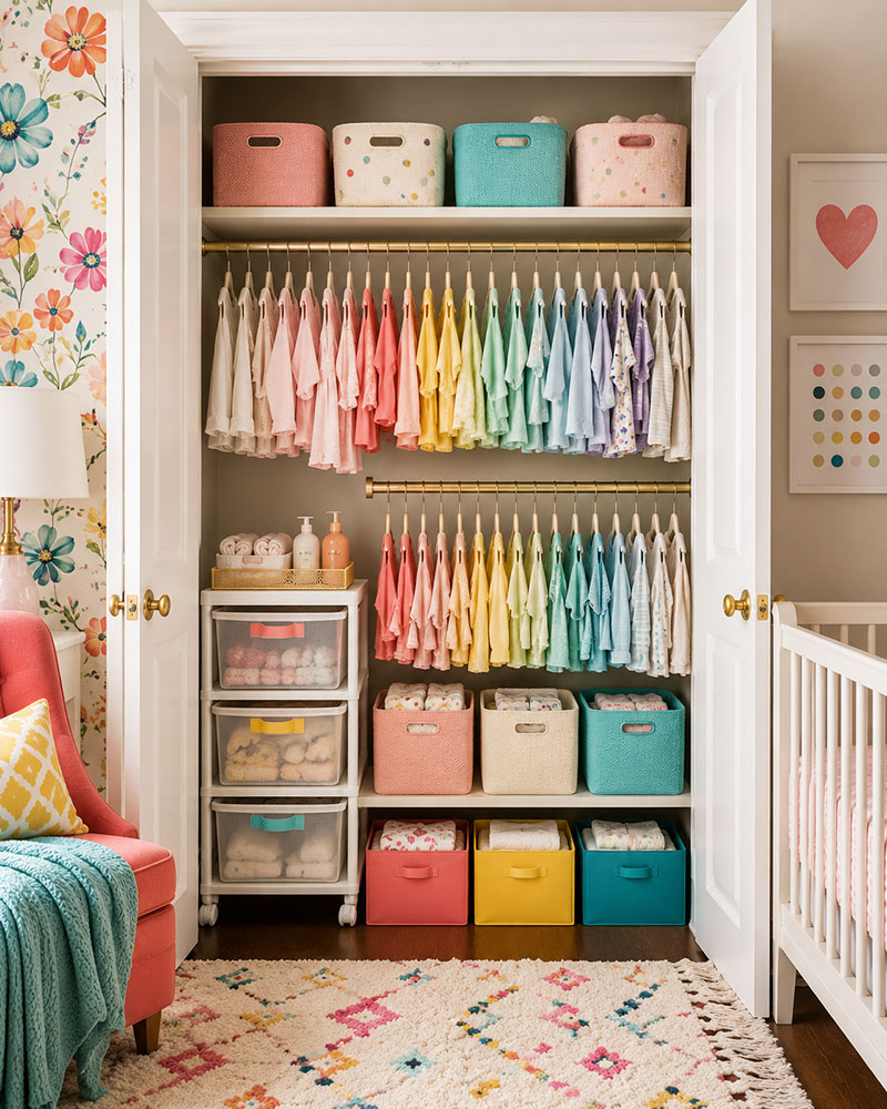Luxury small nursery closet organizer with colorful baby clothes, double rods, drawers, baskets, and upscale nursery storage styling