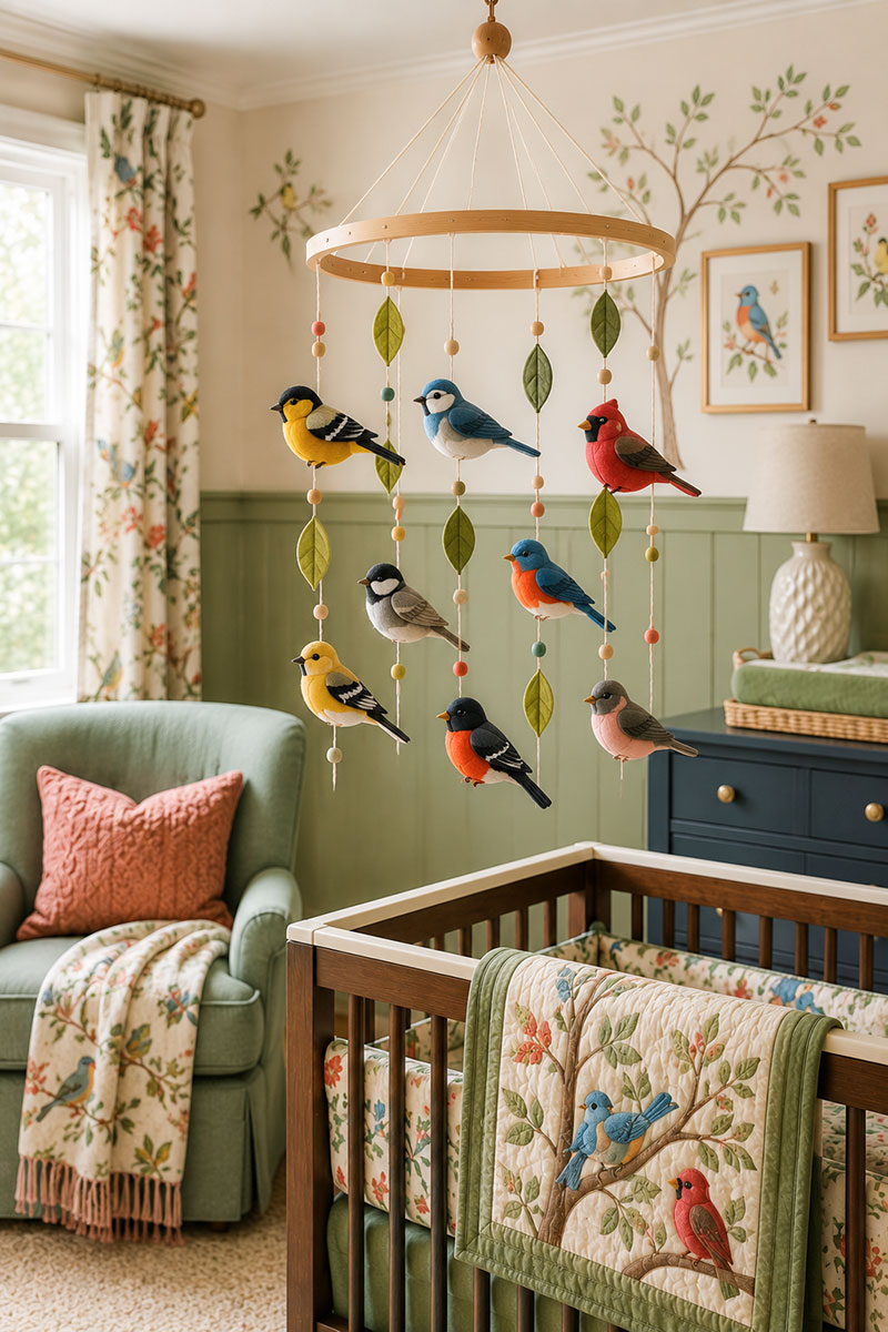 Colorful songbird mobile in a high end nursery with clean crib styling