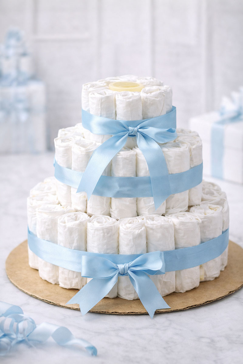 Uneven diaper cake being adjusted