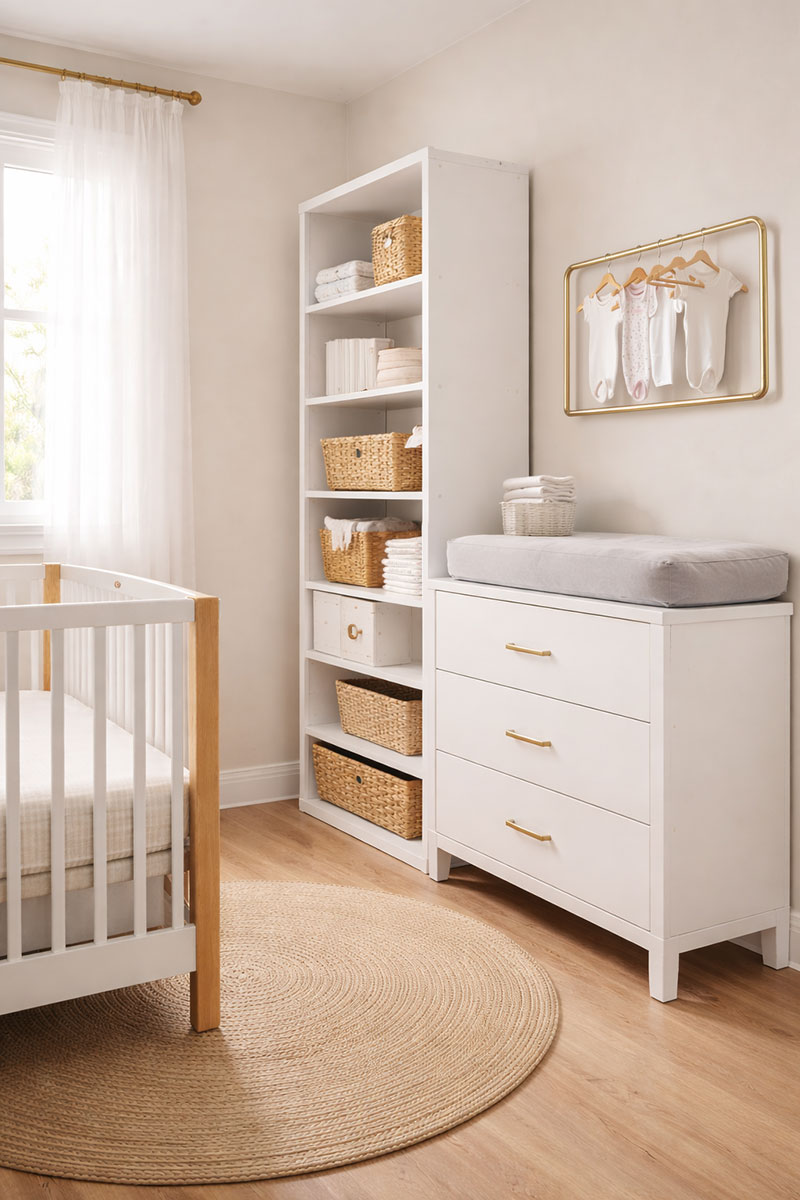 Compact 8x10 nursery with slim drawer unit used as changing station beside vertical storage